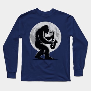 Saxophone Sasquatch Moon Believer Bigfoot Squatch Yeti Sax Player Long Sleeve T-Shirt